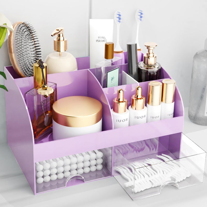 Makeup Organizer with Drawers Cosmetic Storage for Dresser Vanity and Bathroom Countertop Beauty Holder for Lipstick Brush Skincare Organizer for Vanity Cosmetic Display Case Purple